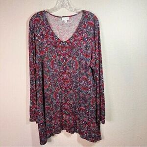 J Jill v neck abstract print log sleeve tunic length‎ shirt size large